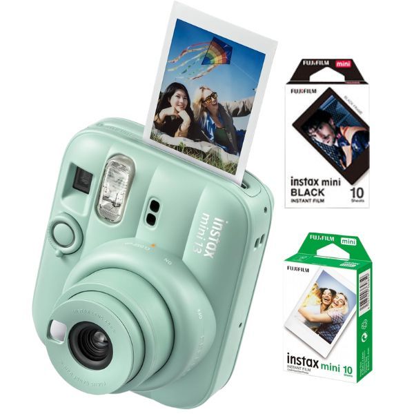 Fujifilm Instax Mini 13 Lagoon Green Instant Camera + 20-Pack Film Bundle (Glossy & Black Edge)